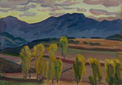Daulas Landscape at Sunset — Oil painting, Fiberboard, 36.00×51.00cm — Theodoros Markellos